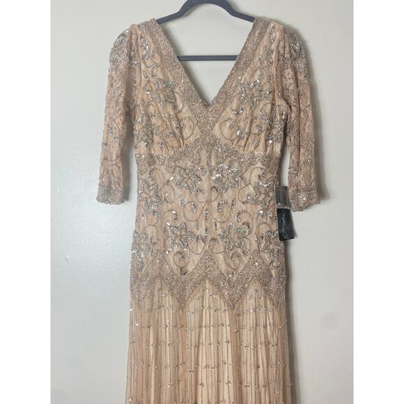 PISARRO NIGHTS DRESS 2 TAN BEIGE GOWN MOB FALL EVENING LONG FORMAL SEQUIN BEADED - Picture 6 of 16